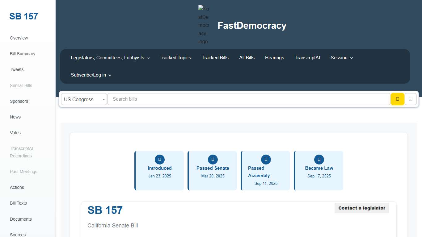 Bill tracking in California - SB 157 (2025-2026 legislative session) - FastDemocracy